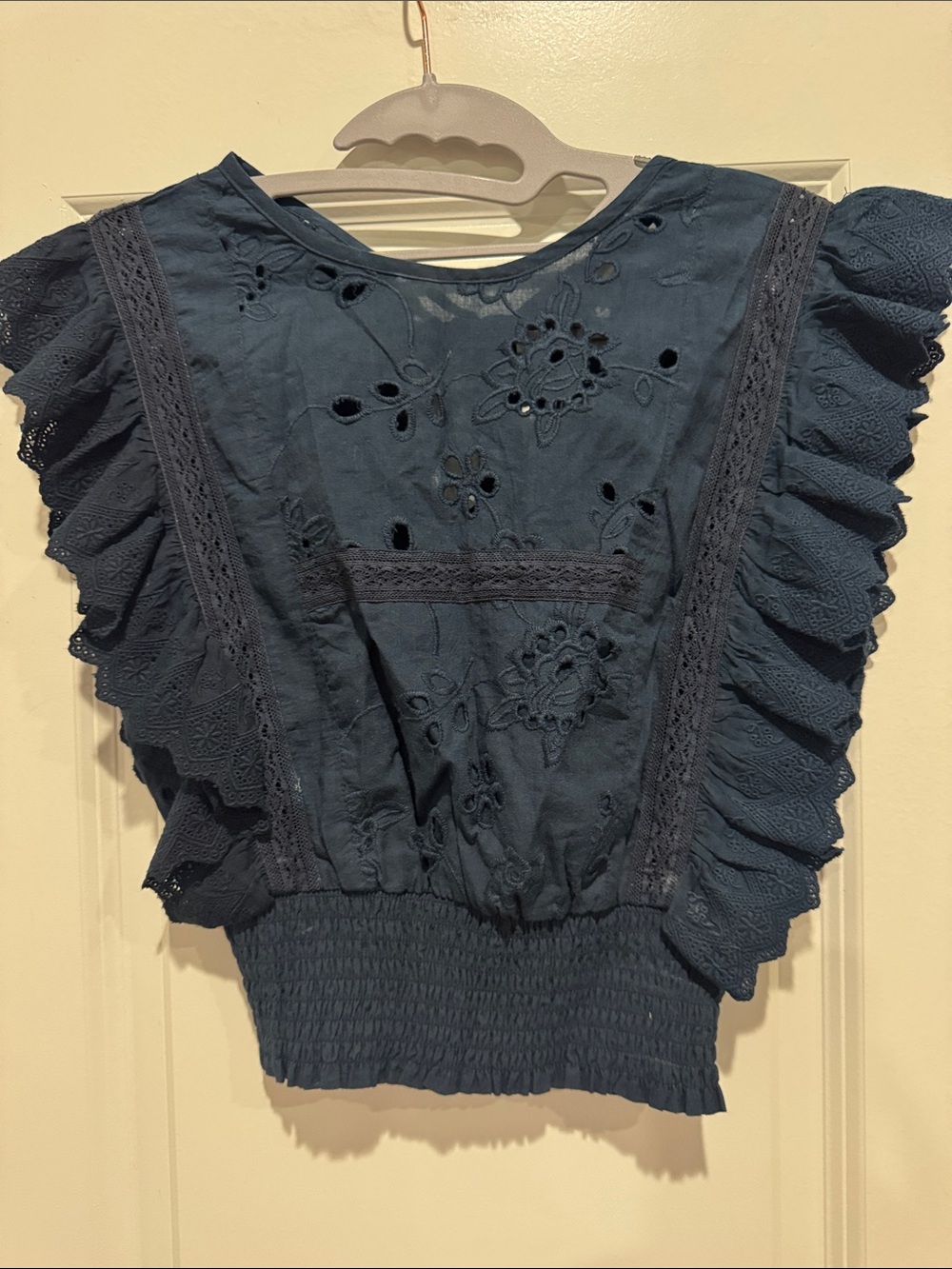 Misa Los Angeles Navy Eyelet Ruffle Cropped Blouse